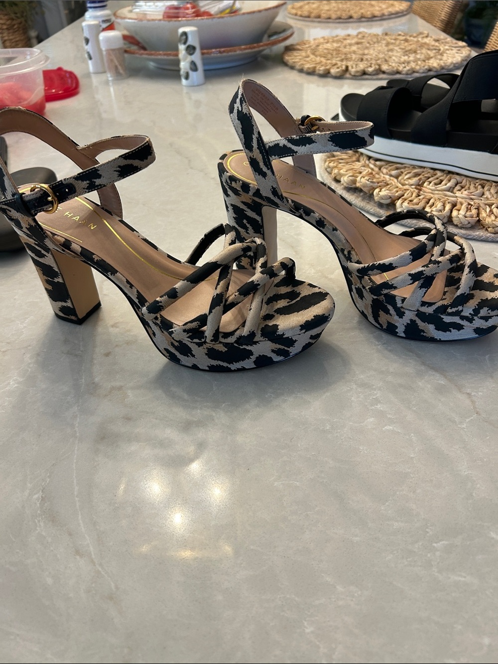 Cole Haan Leopard Print Platform Sandals in Beige and Black
